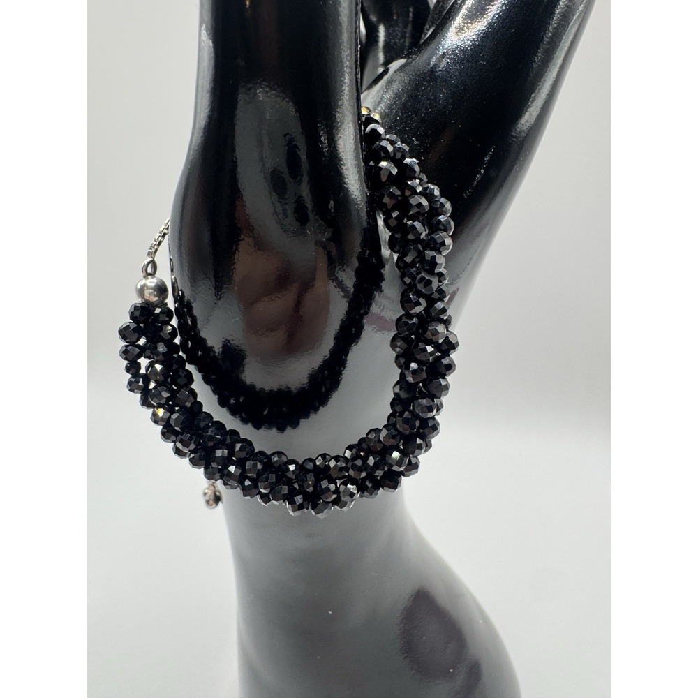 Black Spinel 925 Sterling Silver‎ Beaded Bracelet Bolo Chain Adjustable 9.5